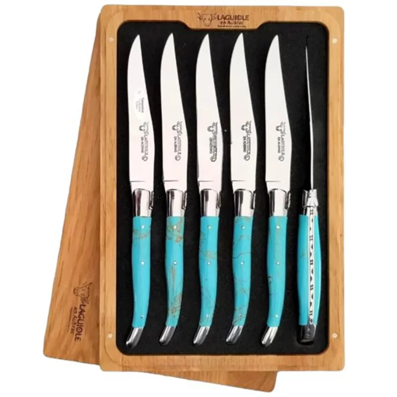 Laguiole Blue Turquoise Steak Knives Set of 6