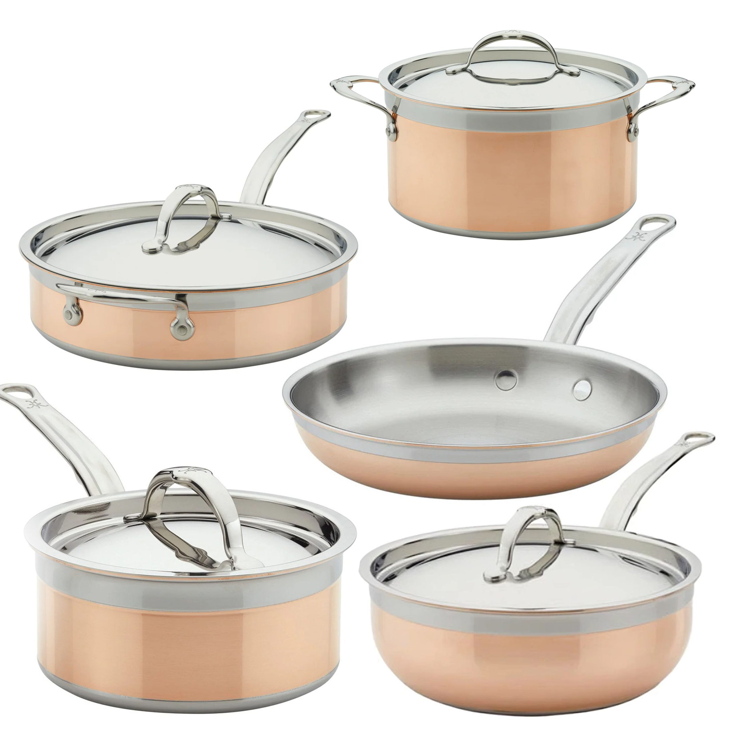 Hestan Copper 5 pice set Hestan Copper Stainless Steel Pots & Pans Set – 9 Piece with Lids (Fry Pan, Saucepans, Stockpot, Sauté Pan)