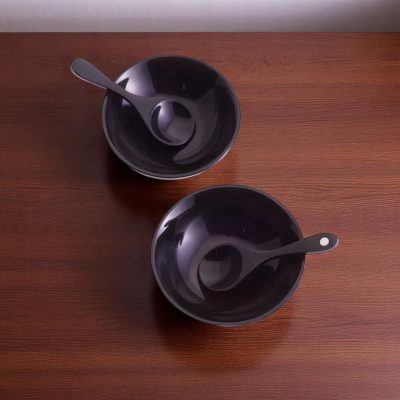 JKC Round Salt-Pepper Black Horn Bowl & Spoon Set
