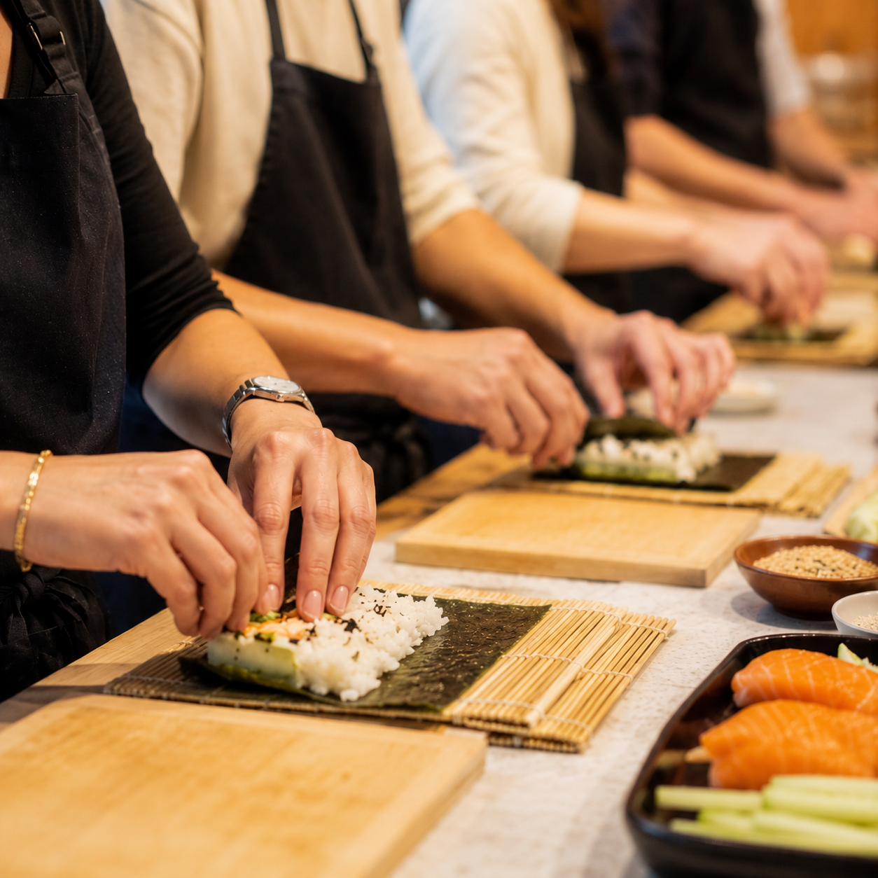 Students rolling sushi in class