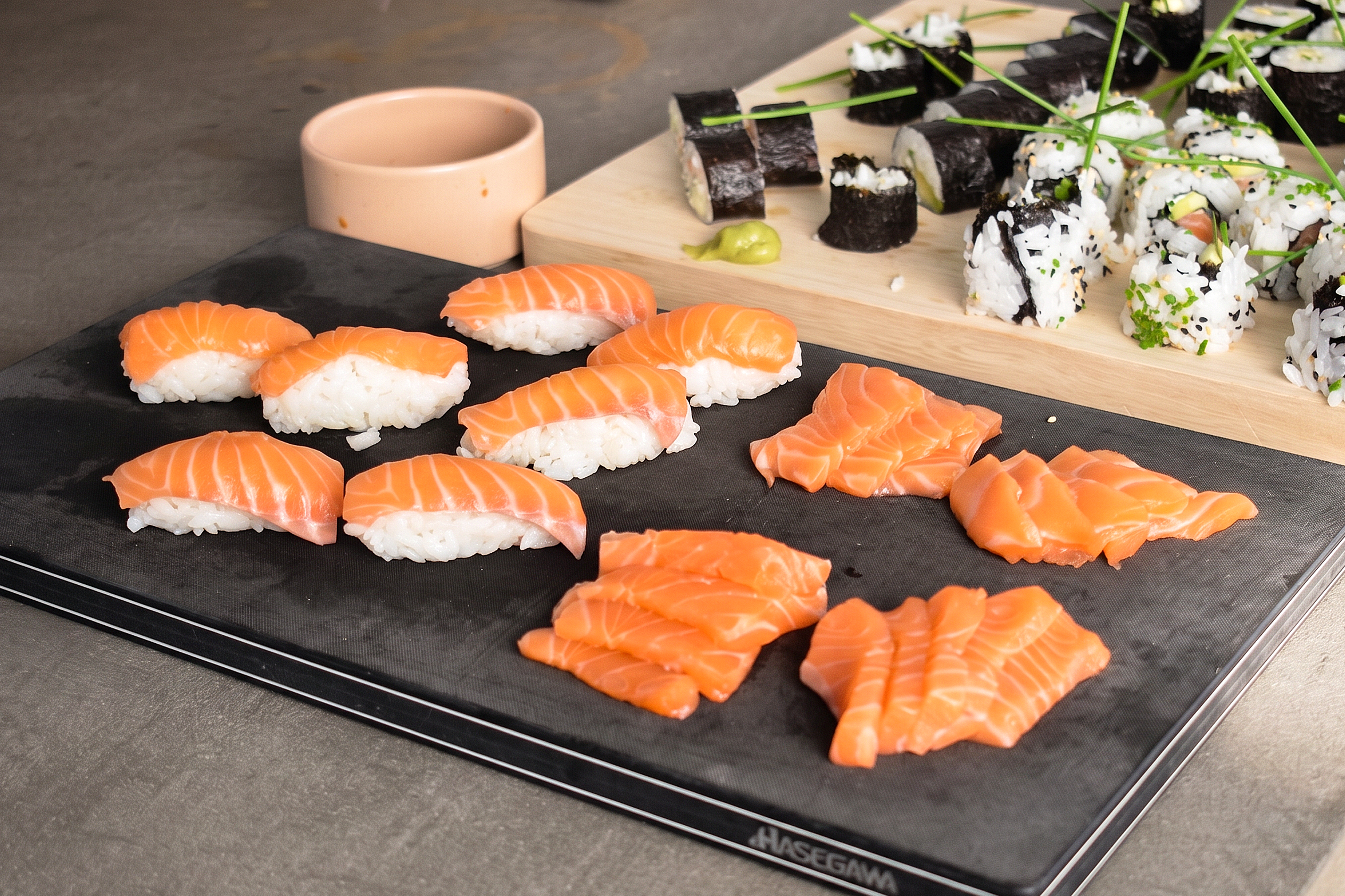 Finished sushi on a Hasegawa board